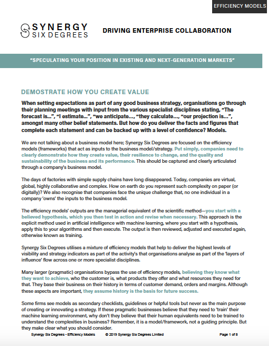 Efficiency Models using the Synergy Six Degrees Flow Chain framework