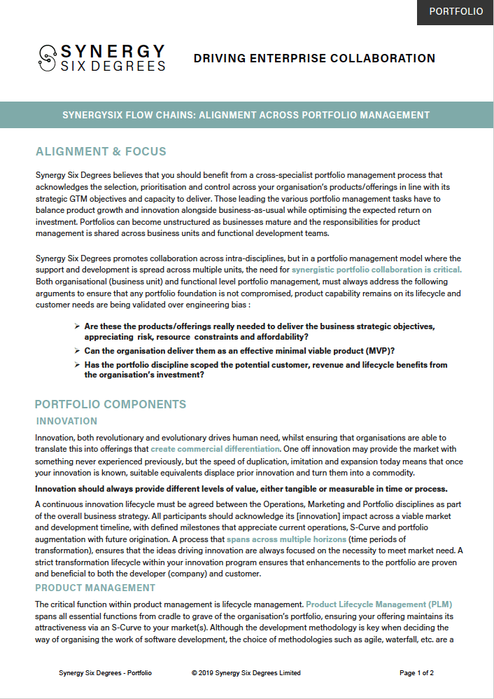 Cotent about portfolio discipline with the synergy six degrees framework