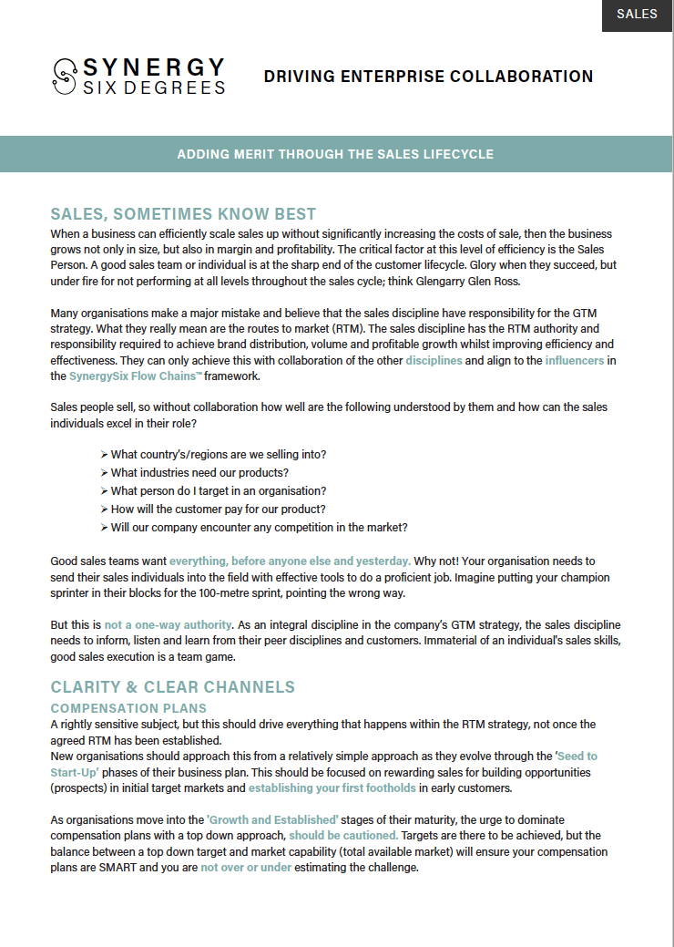 Sales optimisation using the Synergy Six Degrees Flow Chain framework