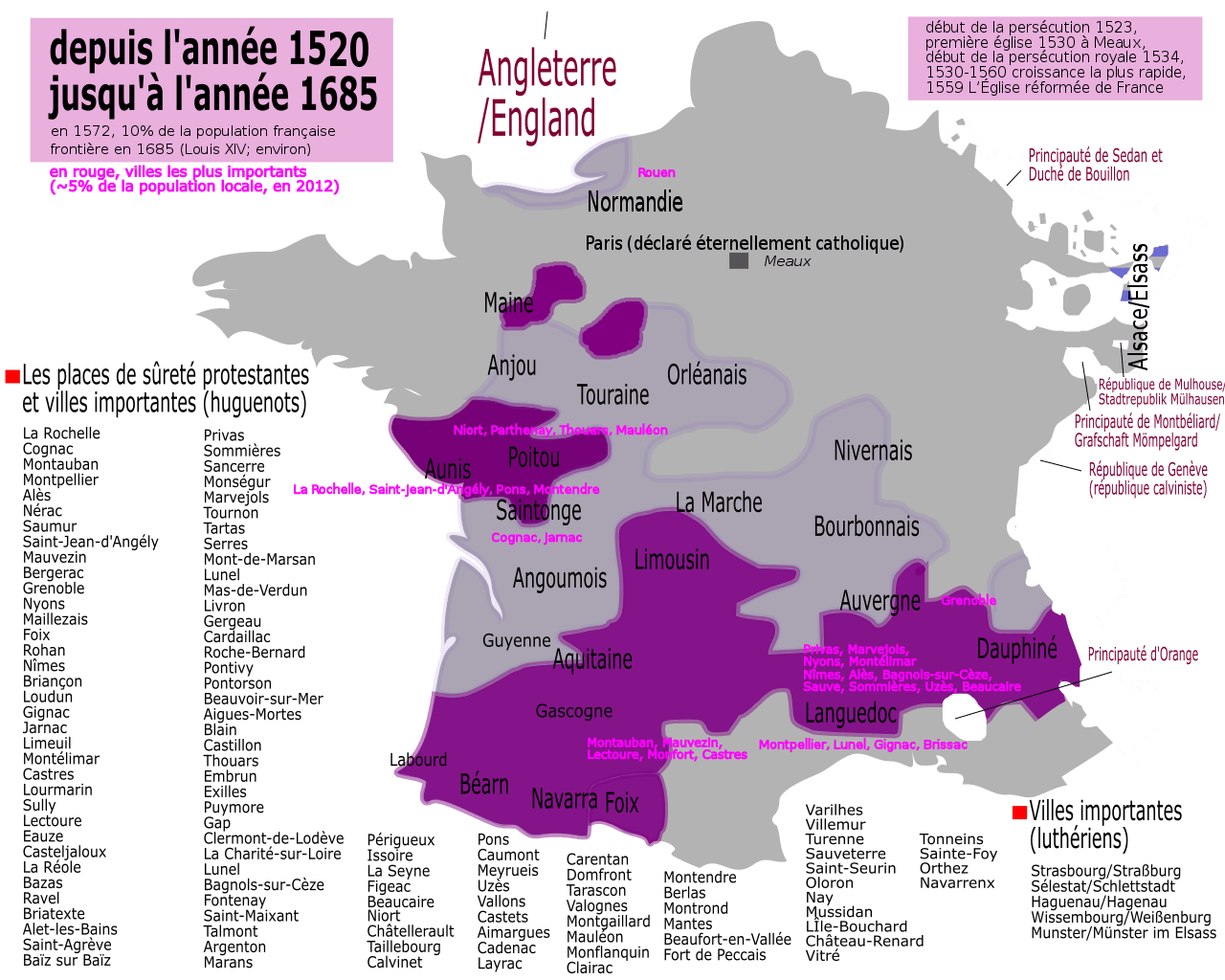 Violett gefärbt sind im 16. Jahrhundert hugenottische Gebiete auf der Karte Frankreichs (in den Grenzen von 1685). Hellviolett sind in französischen Religionskriegen umstrittene Gebiete. Gelistet sind places de sûreté protestantes. Blau gefärbt sind zumeist deutschsprachige lutherische Gebiete der Elsaß, die Frankreich 1648 annektierte.
