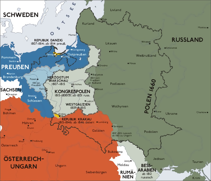 Darstellung zeigt das Herzogtum Warschau und Königreich Polen nach dem Wiener Kongress