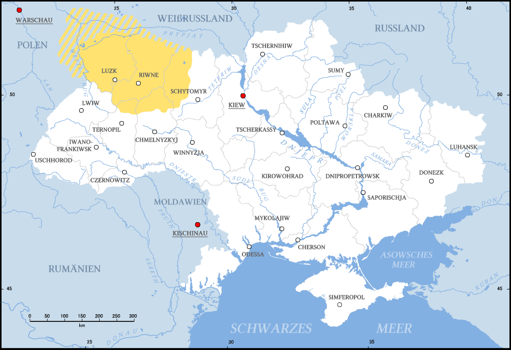 Wolhynien (gelb) innerhalb der heutigen Ukraine