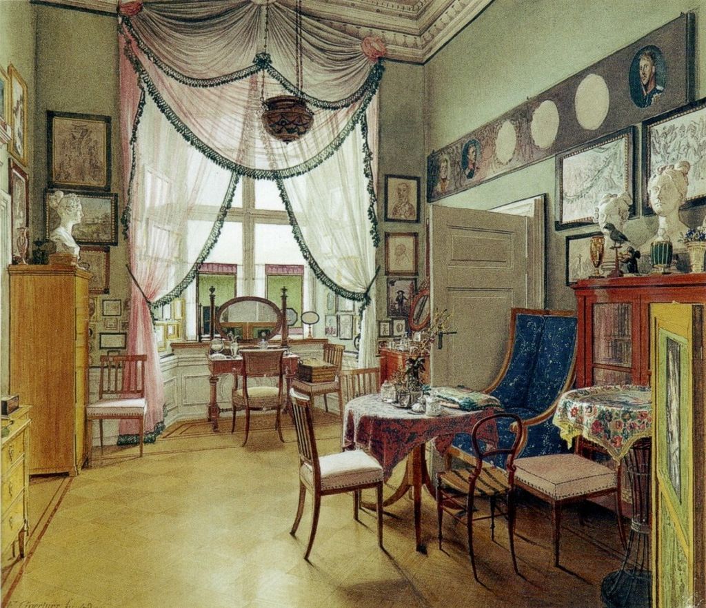 Zimmerbild von Eduard Gaertner (1849): Darstellung biedermeierlichen Interieurs in einer bürgerlichen Wohnung in Berlin