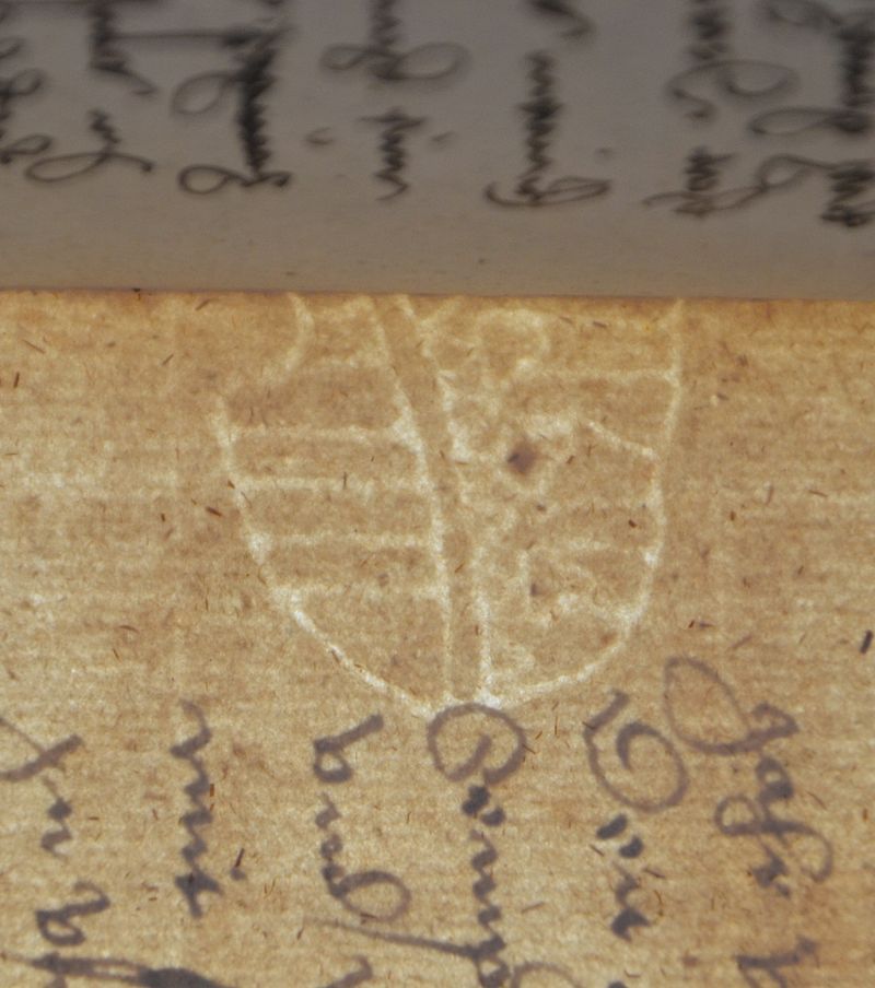 Wasserzeichen des 16. Jahrhunderts aus einer Dresdner Papiermühle, das das Wappen Sachsens zeigt