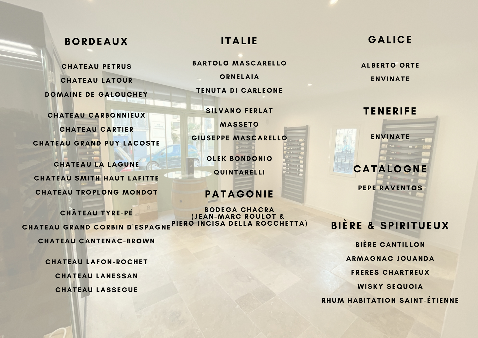 Bordeaux  Chateau Petrus, Chateau Latour, Domaine de Galouchey, Chateau Carbonnieux, Chateau Cartier, Chateau Grand Puy Lacoste, Chateau la Lagune, Chateau Smith Haut Lafitte, Chateau Troplong Mondot, Chateau Tyre-Pe, Chateau Grand Corbin D'Espagne, Chateau Cantenac-Brown, Chateau Lafon-Rochet, Chateau Lanessan, Chateau Lassegue, Sud-Ouest  Camin Larredya, Cosse-Maisoneuve, Elian Da Ros, Valerie Courrege, Domaine Plageoles  Italie  Bartolo Mascarello, Ornelaia, Tenuta Di Carleone, Silvano Ferlat, Masseto, Giuseppe Mascarello, Galice  Alberto Orte, Envinate,  Tenerife  Envinate  Patagonie  Bodega Chacra (Jean-Marc Roulot & Piero Incisa Della Rocchetta)