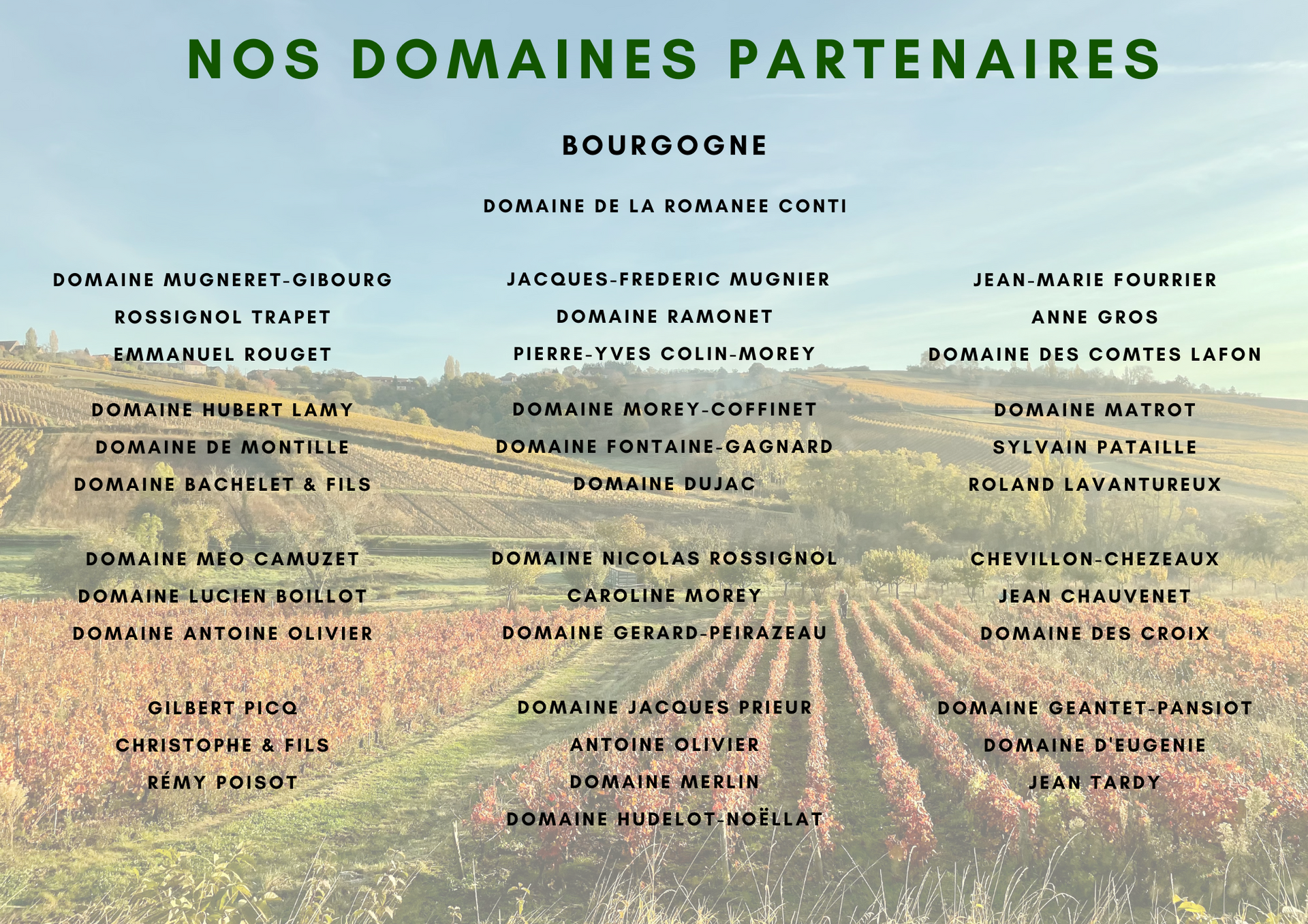 BOURGOGNE Domaine De La Romanée Conti, Jacques-Frederic Mugnier, Domaine Ramonet, Pierre-Yves Colin-Morey, Domaine Morey-Coffinet, Domaine Fontaine-Gagnard, Domaine des Croix, Domaine Sylvie Esmonin, Domaine Nicolas Rossignol, Domaine Gerard-Peirazeau, Domaine Jacques Prieur, Antoine Olivier, Domaine Merlin, Jean-Marie Fourrier, Domaine Jean Tardy, Domaine Des Comtes Lafon, Domaine Matrot, Caroline Bellavoine, Domaine Roland Lavantureux, Chevillon-Chezeaux, Jean Chauvenet, Didier Fornerol, Domaine Geantet-Pansiot, Domaine D'eugenie, Caroline Morey.