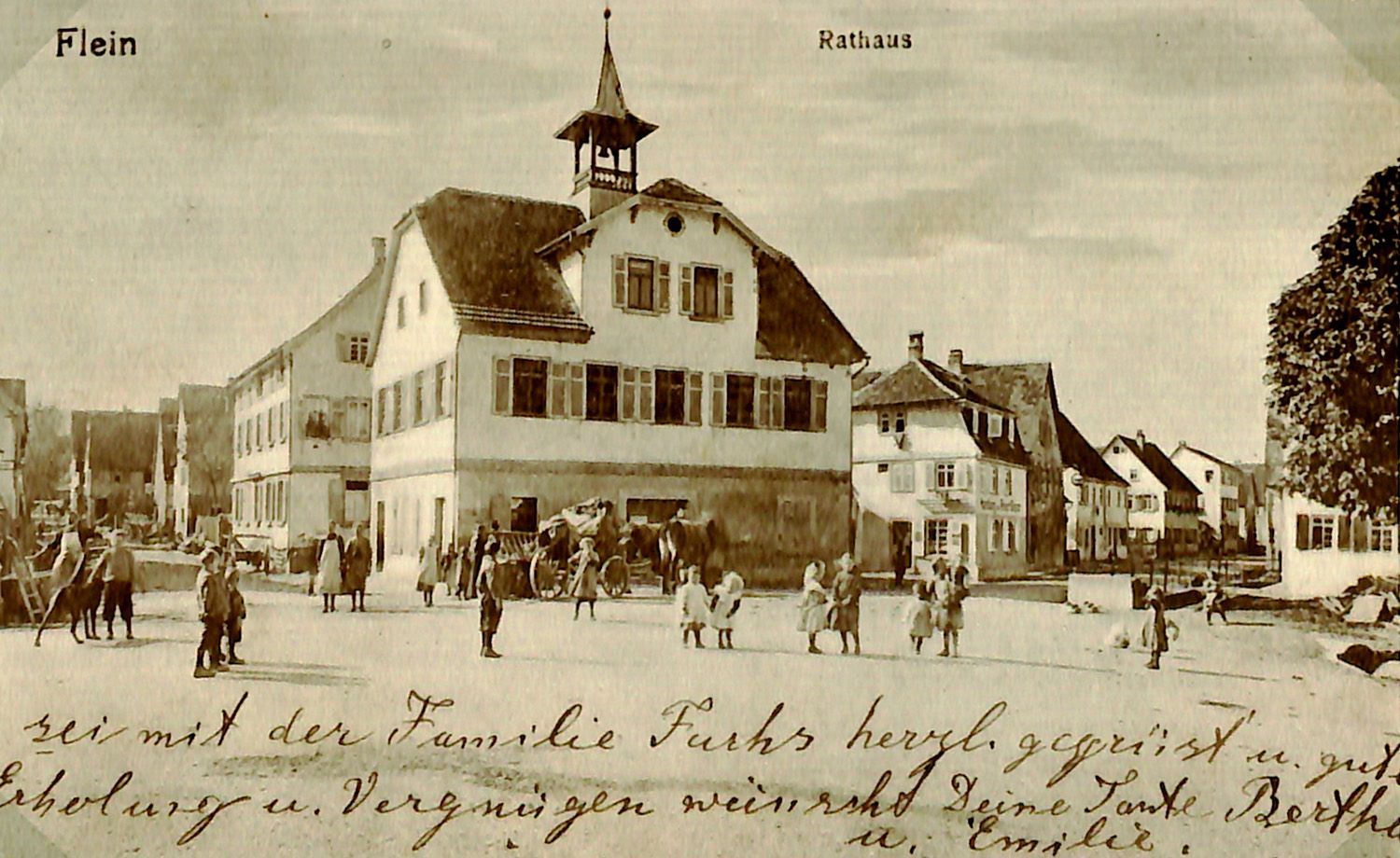 Postkarte vom Fleiner Rathaus um 1915