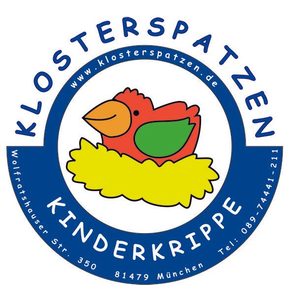 Das Logo der Klosterspatzen Kinderkrippe - ein gezeichneter bunter Vogel in einem Nest. Darum sind kreisförmig die beiden Worte Klosterspatzen und Kinderkrippe angeordnet.