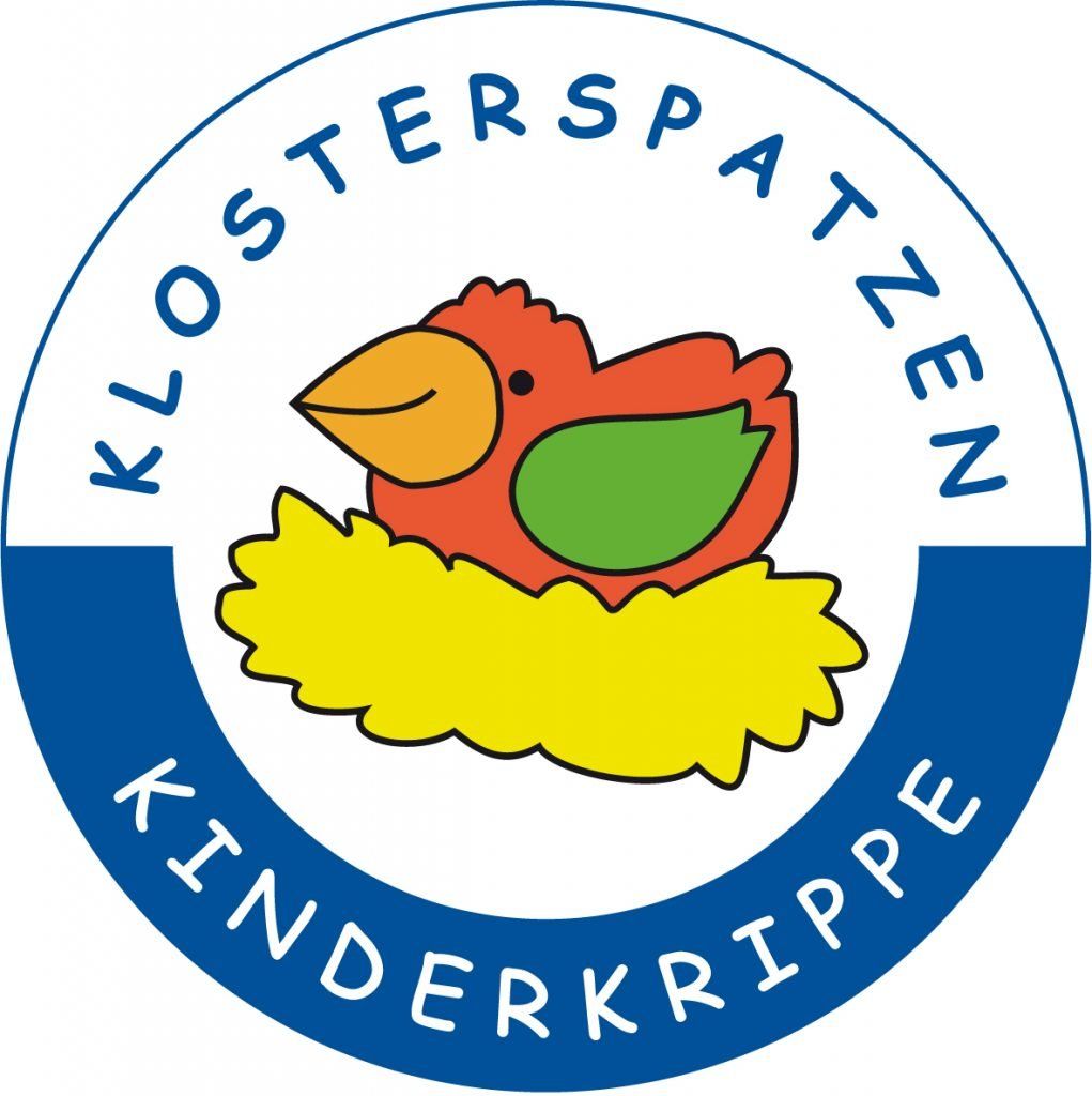 Das Logo der Klosterspatzen Kinderkrippe - ein gezeichneter bunter Vogel in einem Nest. Darum sind kreisförmig die beiden Worte Klosterspatzen und Kinderkrippe angeordnet.