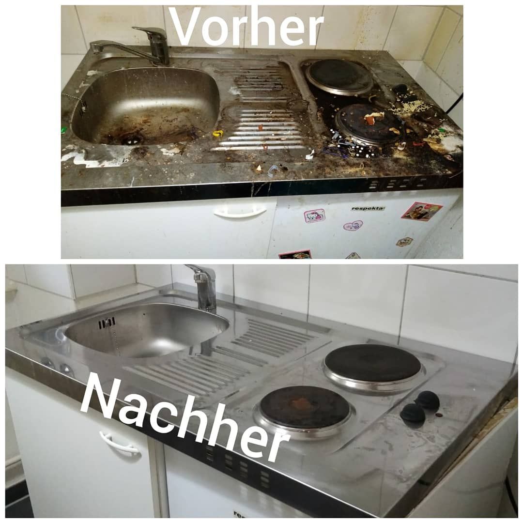 Vorher / Nachher Bilder von der Reinigung eines stark verschmutzten Spülbeckens