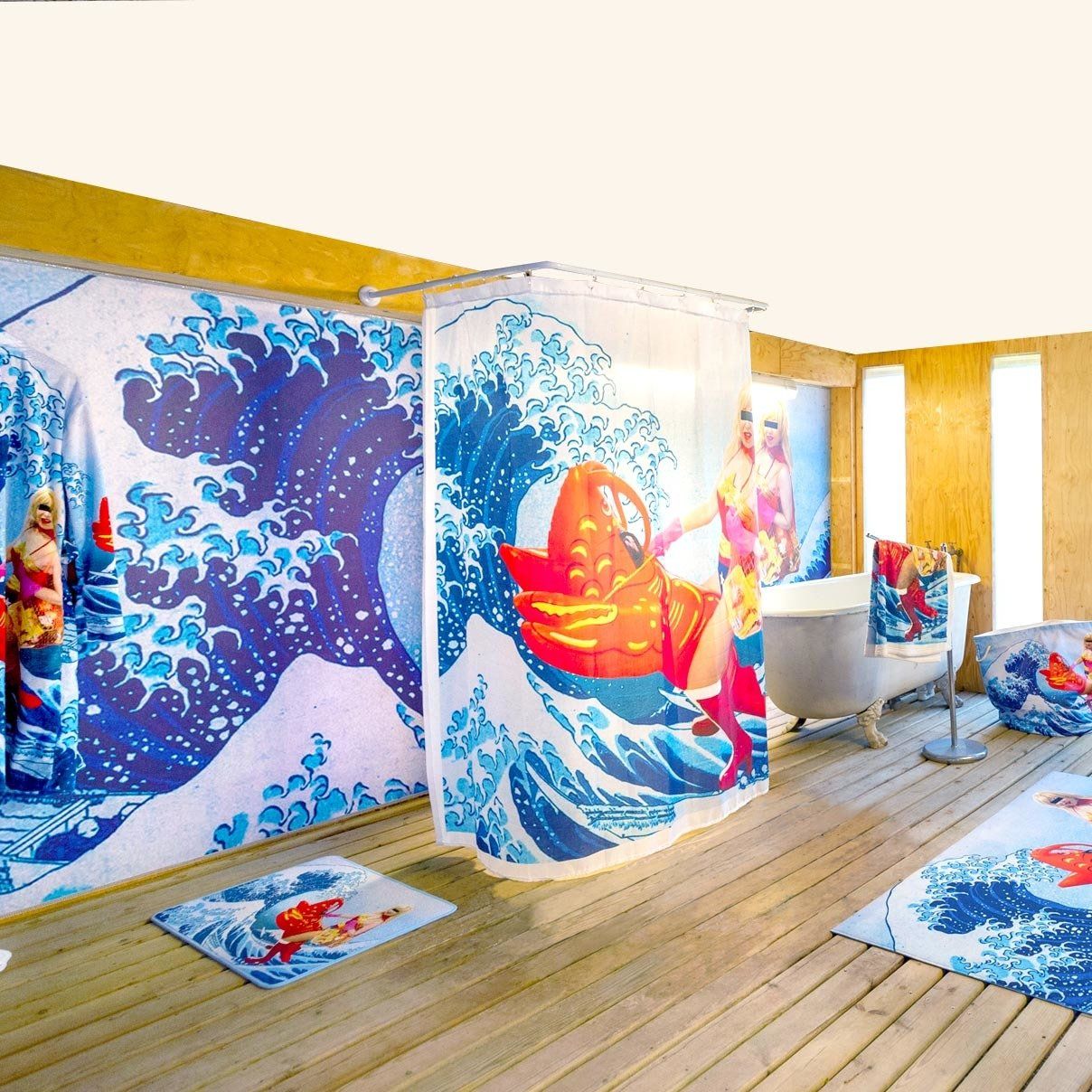 home installation peignoir rideau de douche tapis chausson galerie des petits carreaux art evedelivery lobster okusai la vague