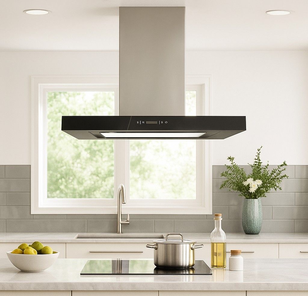Island hood over a kitchen island