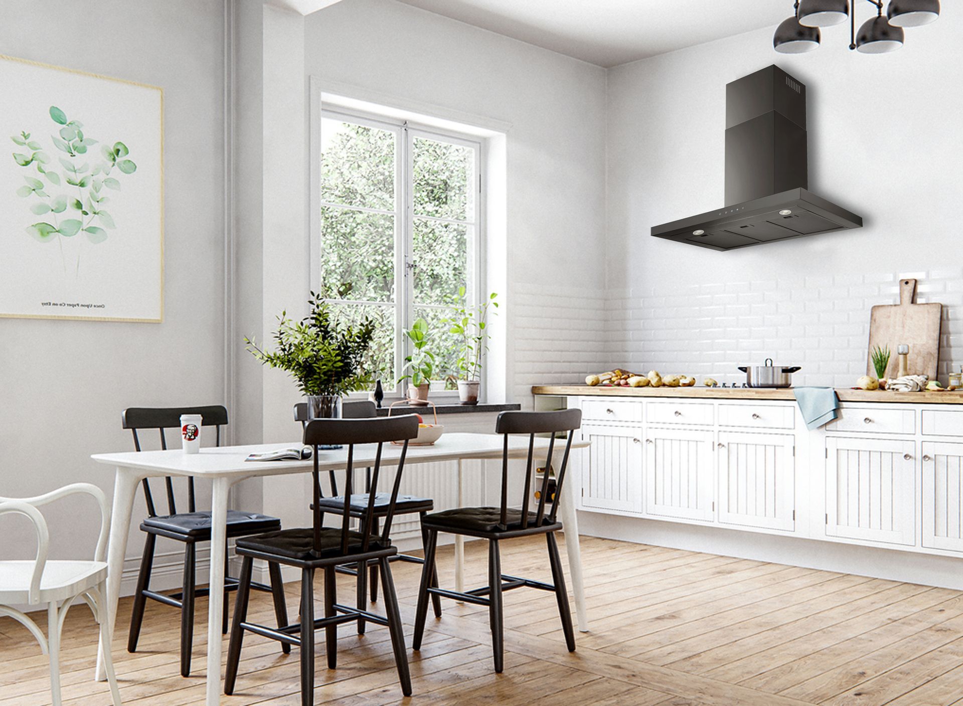 Sleek kitchen with ceiling cooker hood