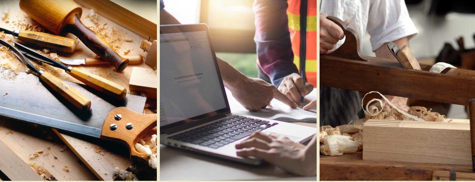 Werkzeug und Holz, Laptop, Handwerker hobelt Holz Werkzeug und Holz, Laptop, Handwerker hobelt Holz