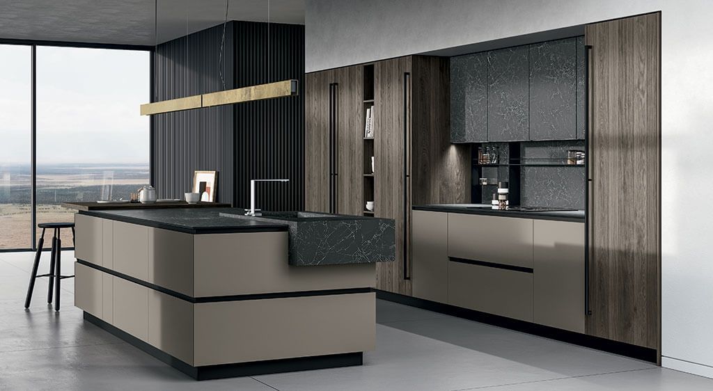 cocina color crema y encimera porcelanica