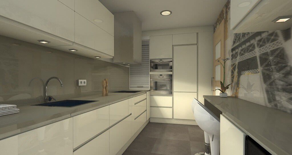 cocina color crema y encimera gris