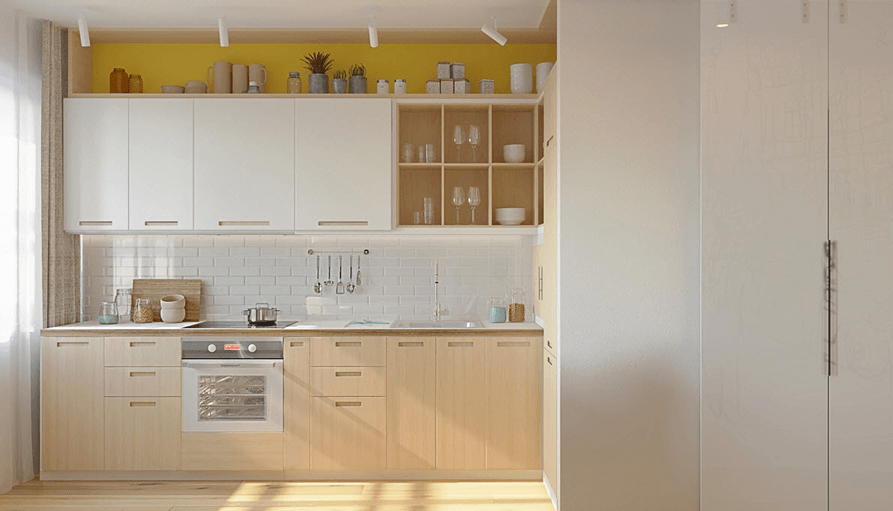 cocina pequeña de madera combinada con blanca y hueco visto