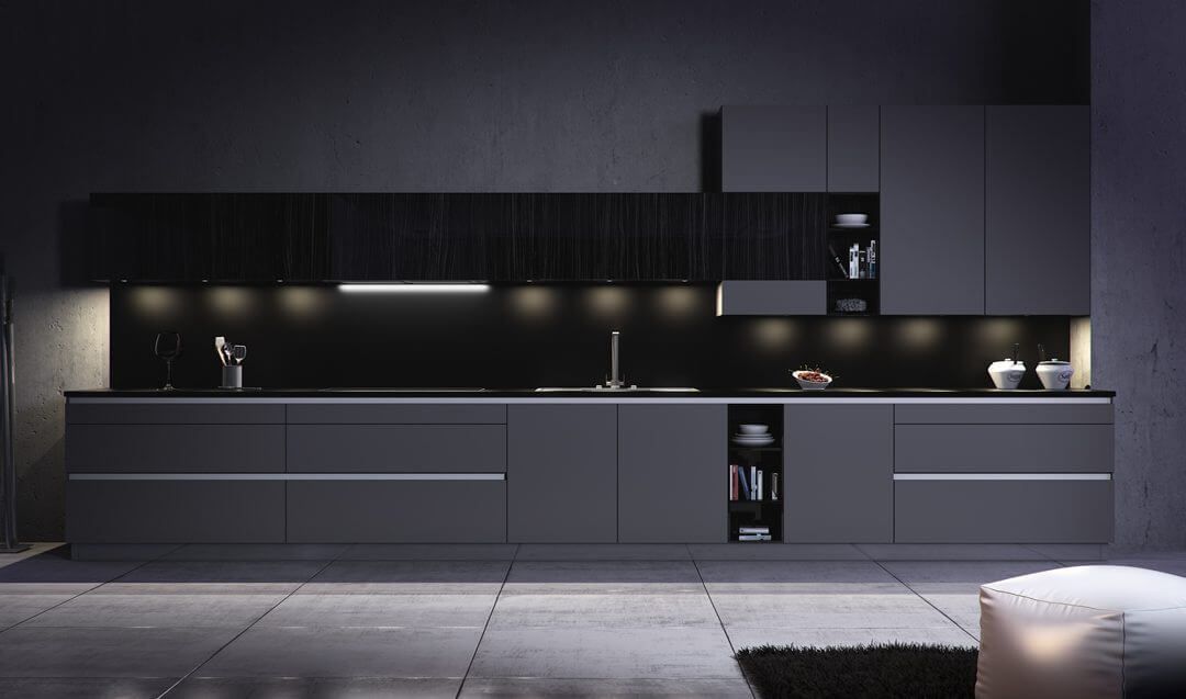 cocinas negras modernas con suelo gris