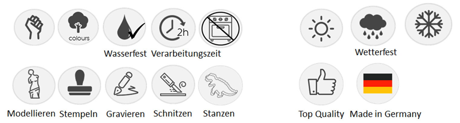 Knetbeton Evolution, Eigenschaften, Germany, wetterfest, wasserfest, gravieren, stempeln, modellieren, schnitzen, stanzen