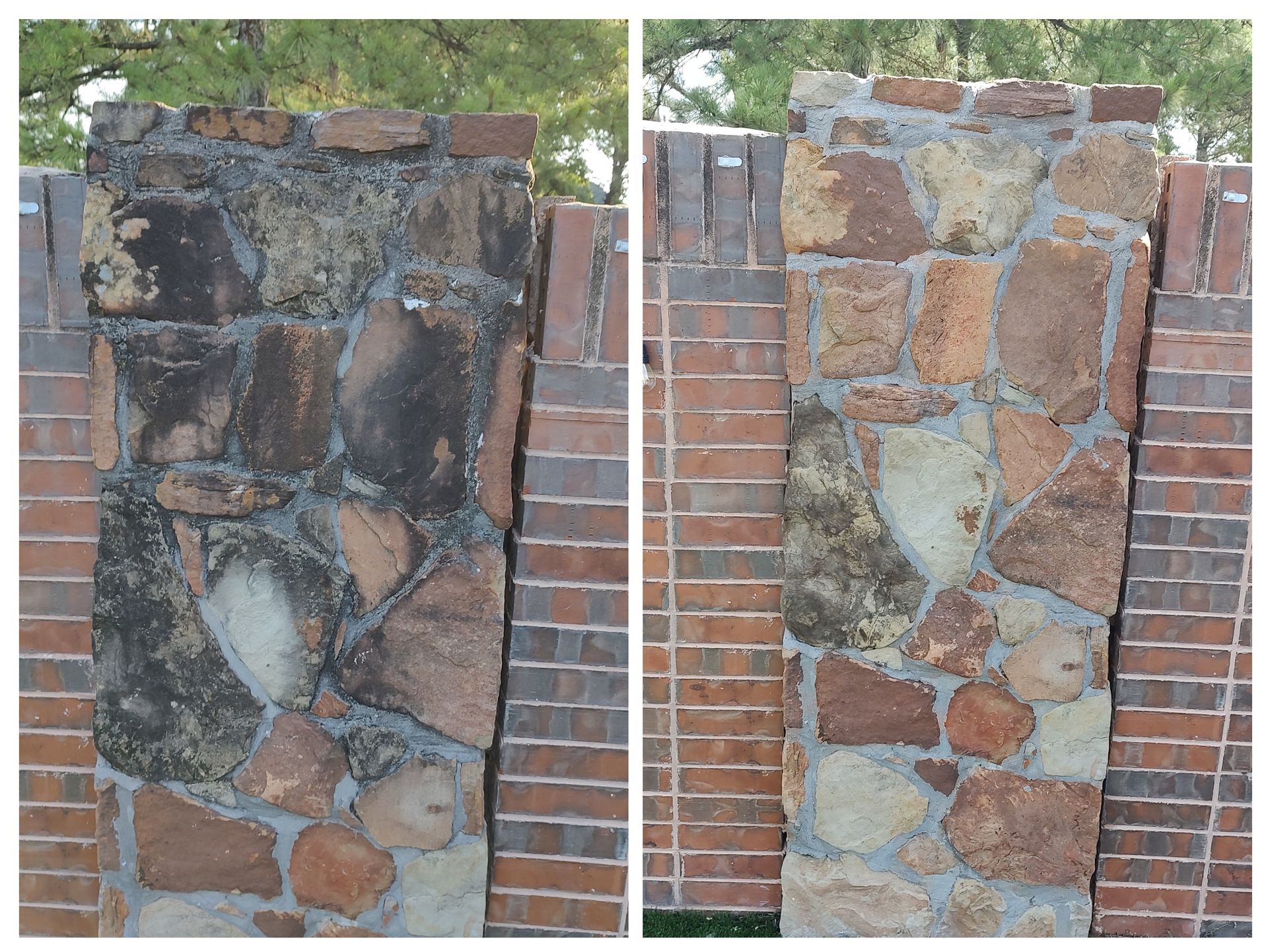 Pressure washing stone wall before and after