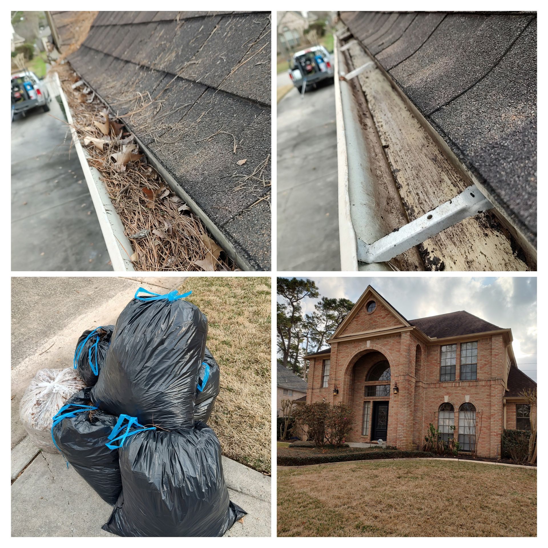 Four square two story house gutters full of pine needles, empty gutters, and 5 bags of debris