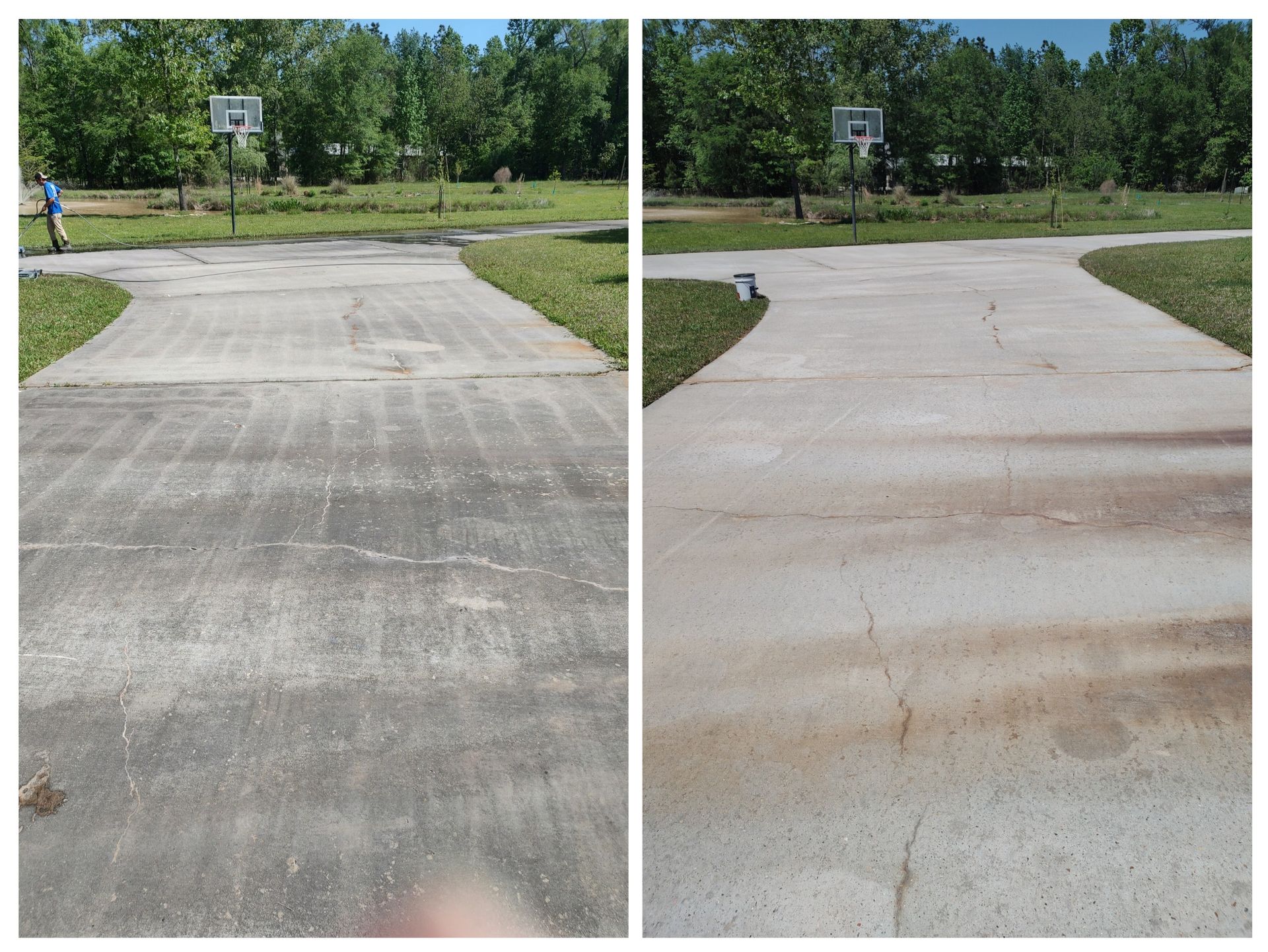 Before and After Pressure Washing with Rust stains on the concrete
