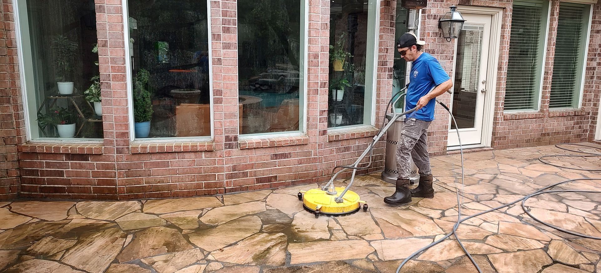 Pressure washing pool patio in Magnolia TX
