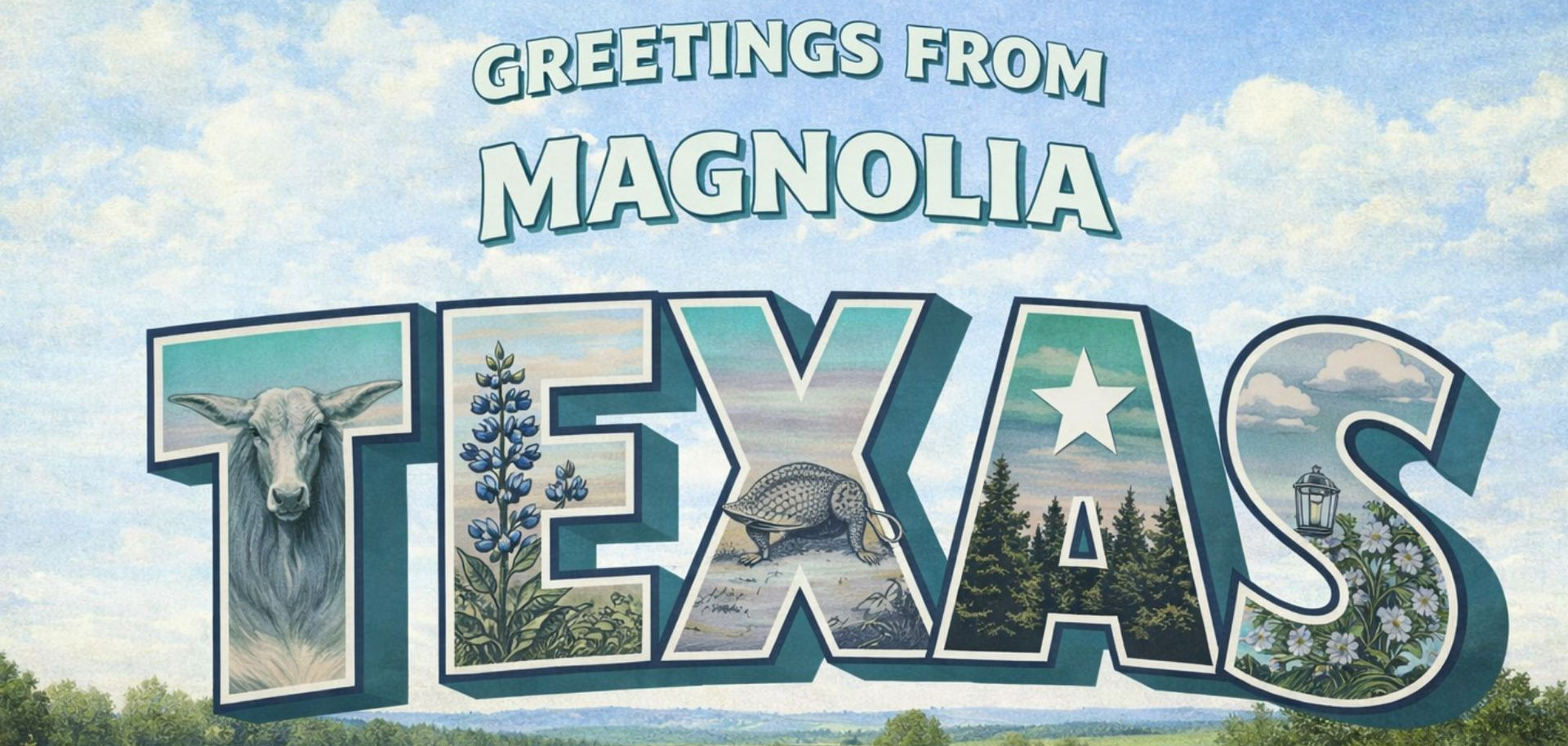 A custom-designed postcard reading greetings from Magnolia, representing the local Texas community served by All Git Out Services