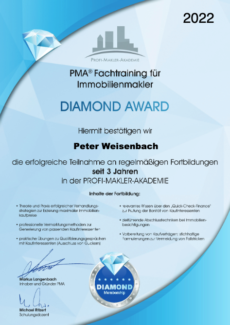 Auszeichnung Makler in Türkheim und Bad Wörishofen 2022 DIAMANT für die Fortbildung an der Profi-Makler-Akademie