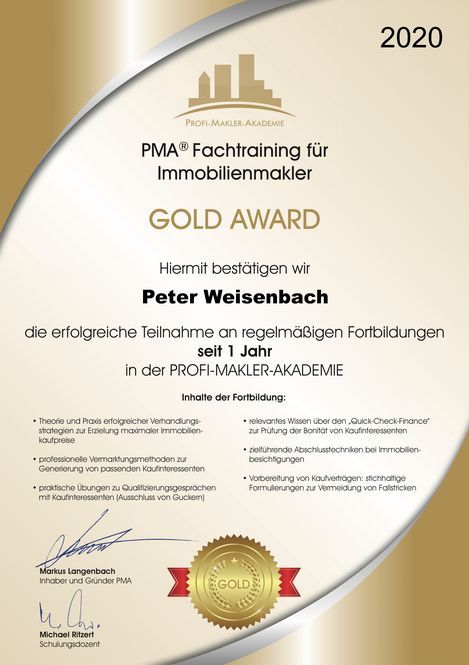 Auszeichnung Makler in Türkheim und Bad Wörishofen 2020 GOLD für die Fortbildung an der Profi-Makler-Akademie
