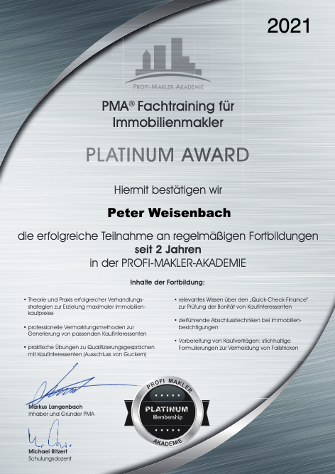 Auszeichnung Makler in Türkheim und Bad Wörishofen 2021 PLATINUM für die Fortbildung an der Profi-Makler-Akademie