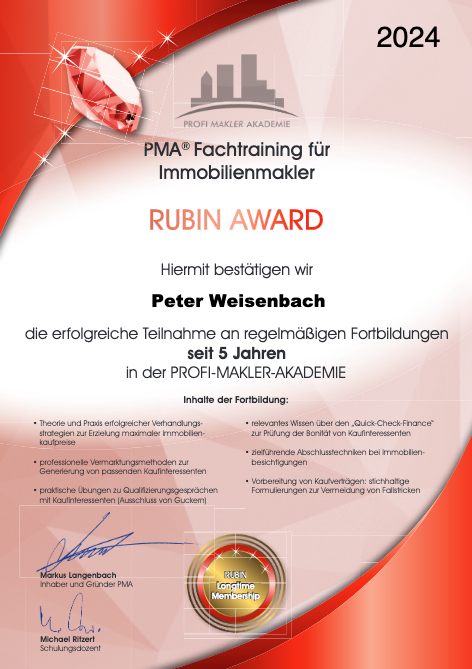 Auszeichnung Makler in Türkheim und Bad Wörishofen 2024 RUBIN für die Fortbildung an der Profi-Makler-Akademie