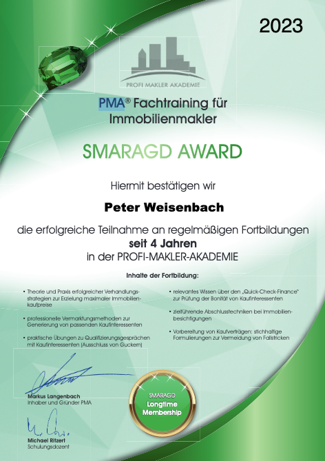 Auszeichnung Makler in Türkheim und Bad Wörishofen 2023 SMARAGD für die Fortbildung an der Profi-Makler-Akademie