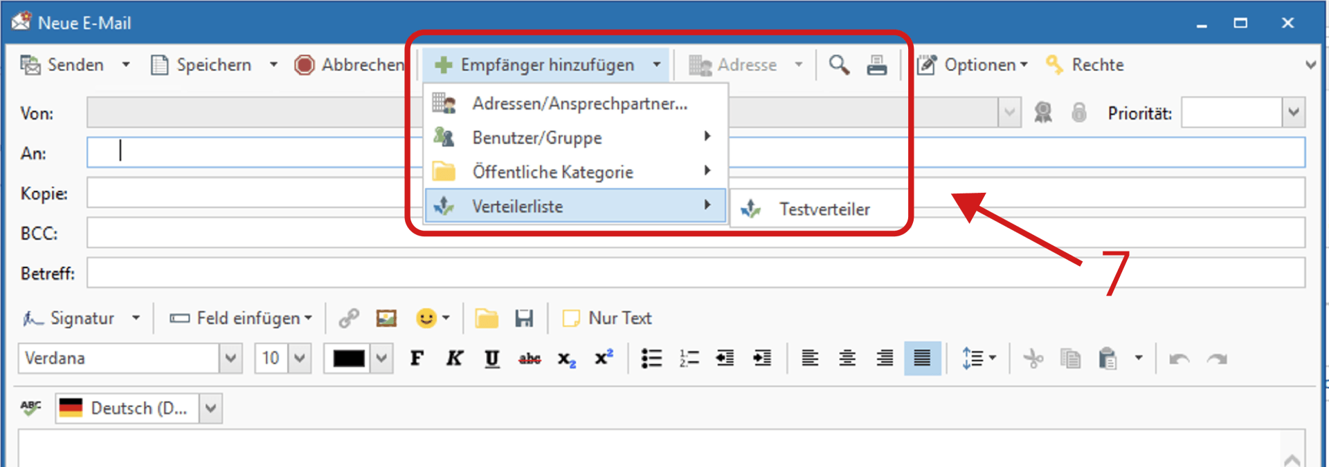 Verteilerliste als Empfänger hinzufügen