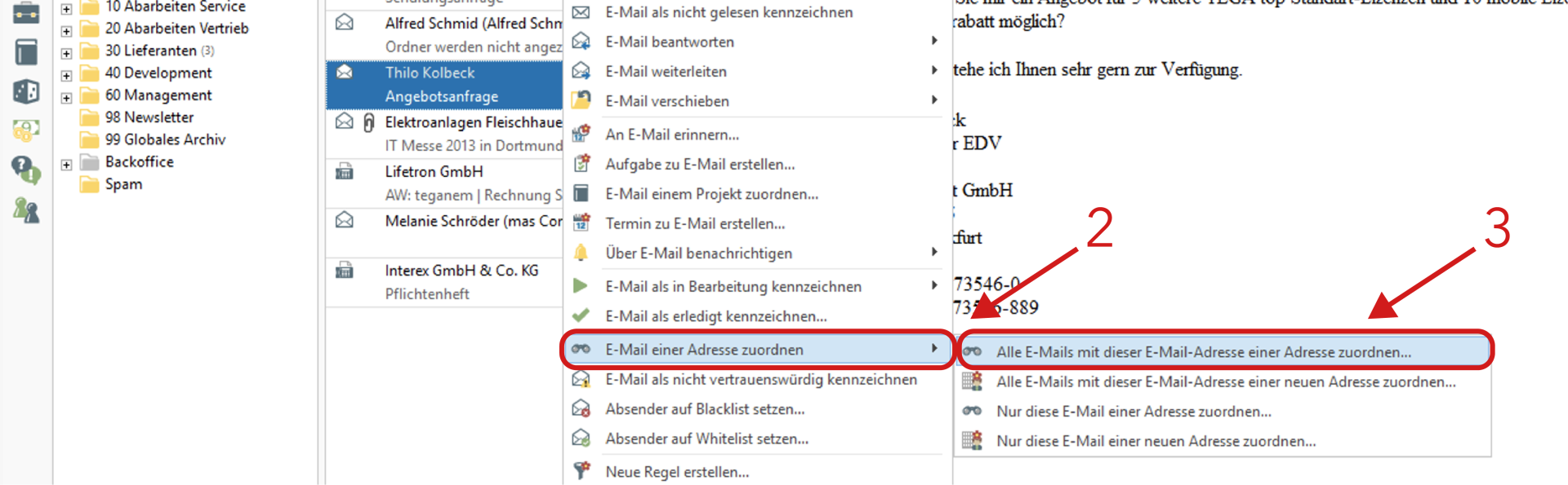 E-Mail zu bestehendem Kontakt ablegen
