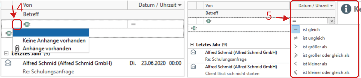 Optionen zum Filtern
