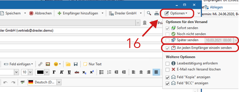 Optionen bei Auswahl