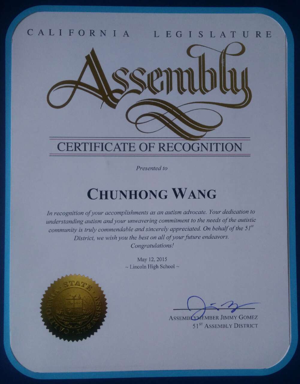 Certificate of Recognition of California Legislature