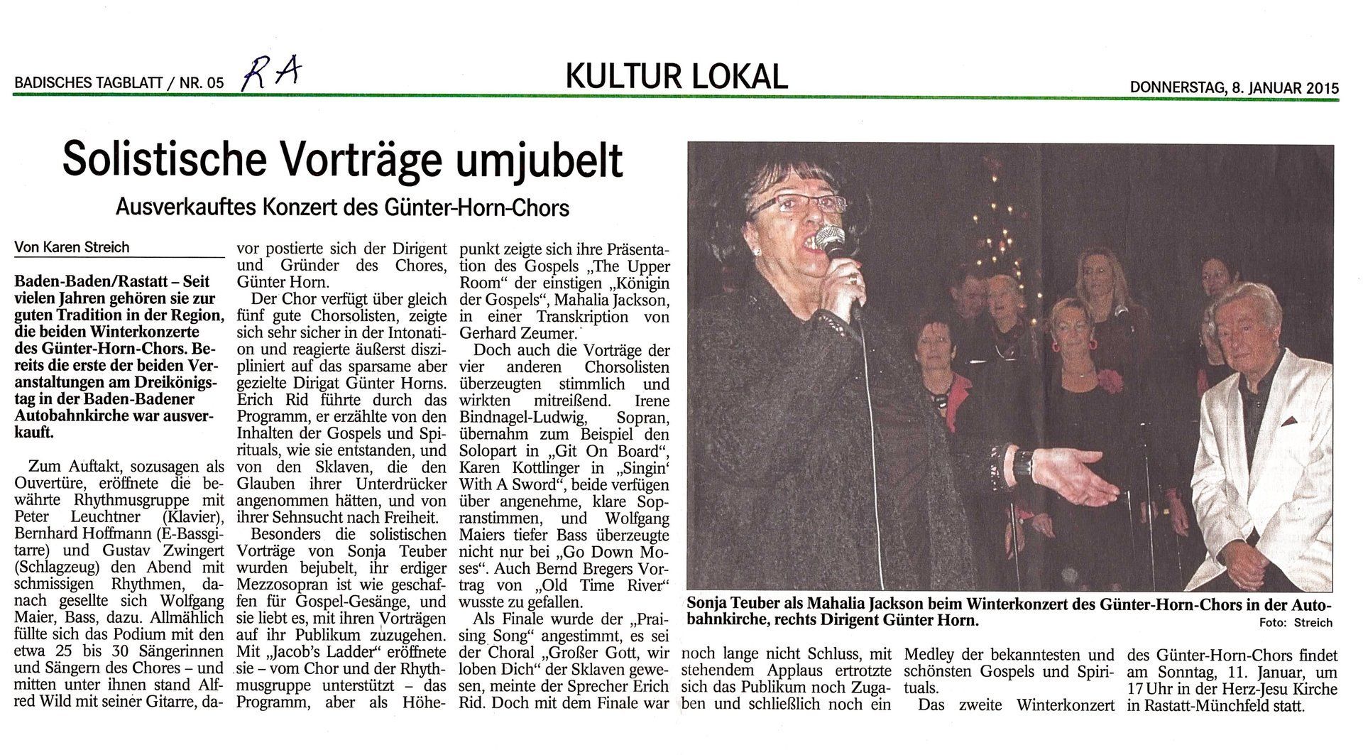 Bericht Badisches Tagblatt, Konzert GHC, 08.01.2015