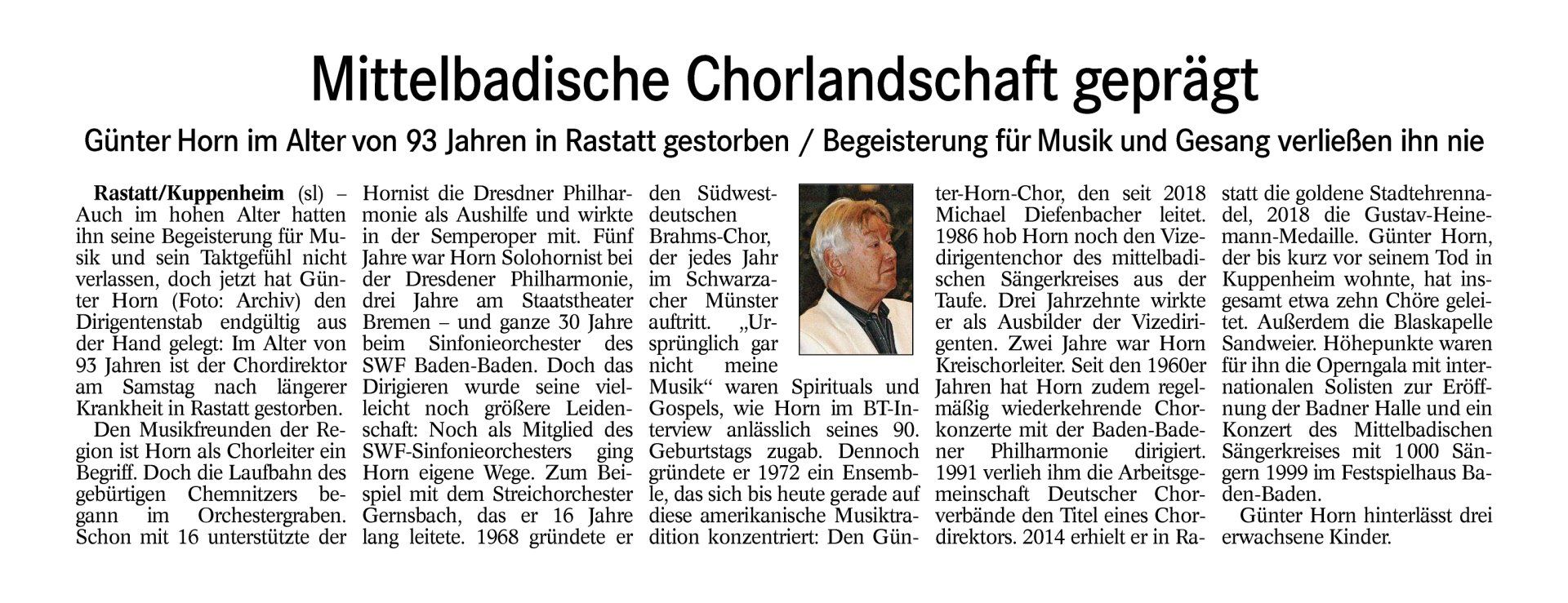 Nachruf Günter Horn, Badisches Tagblatt, 07.07.2020