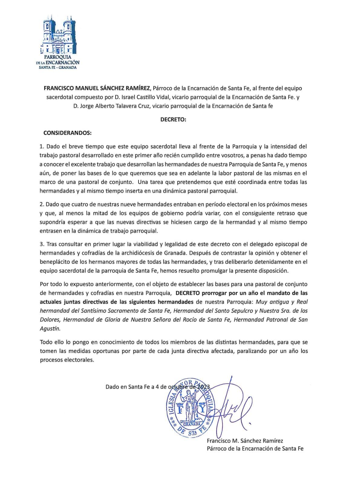 Decreto de D. Francisco Sánchez, para la prórroga de un año de las juntas de gobierno de las Hermandades.