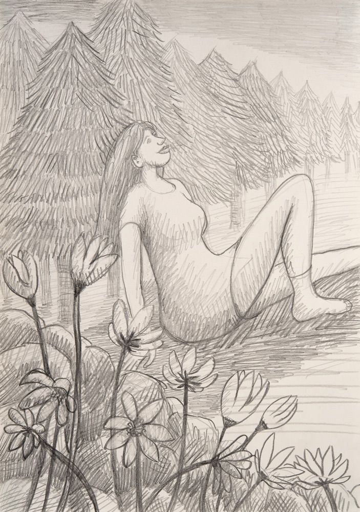 Blumen, Tannenbaum, Mädchen, Figur, Landschaft, Himmel, Bleistift auf Papier, Zeichnung,DIN A4