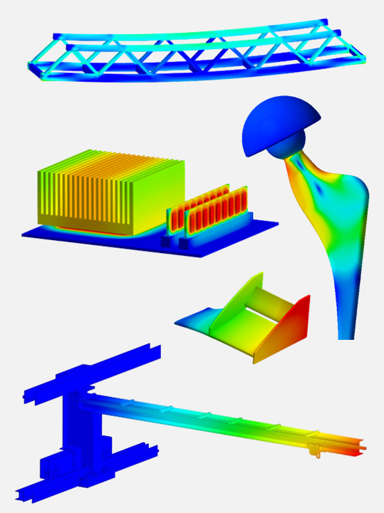 Simulations-Farbplots verschiedener mechanischer Bauteile