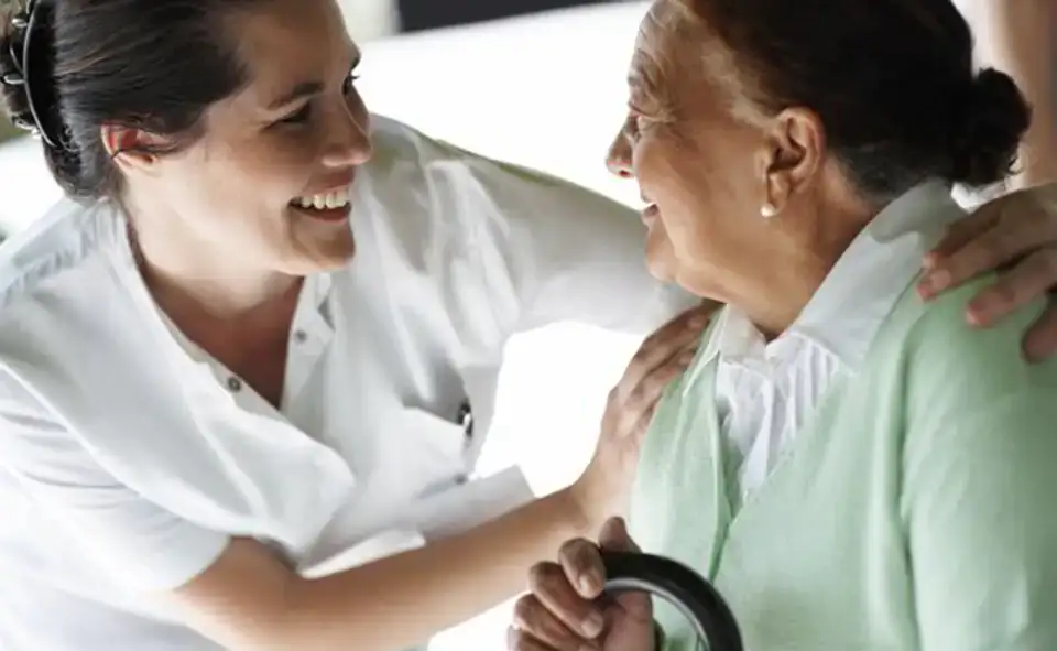 helping an elderly lady very pleased