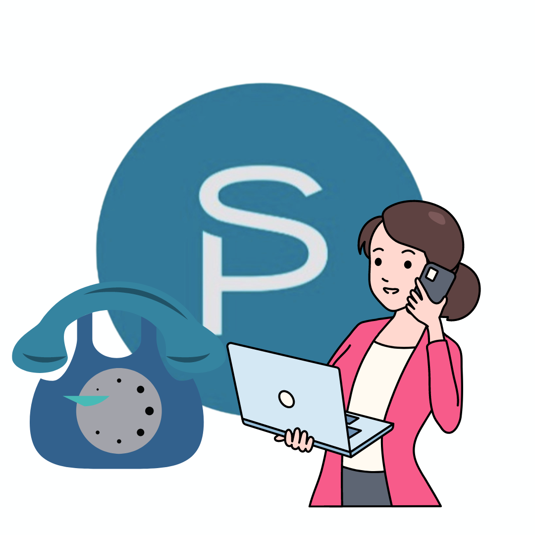 Comicart. Das Logo von Susanna Pursche Hypnose in Hamburg davor eine telefonierende Frau mit aufgeklapptem Laptop in der Hand