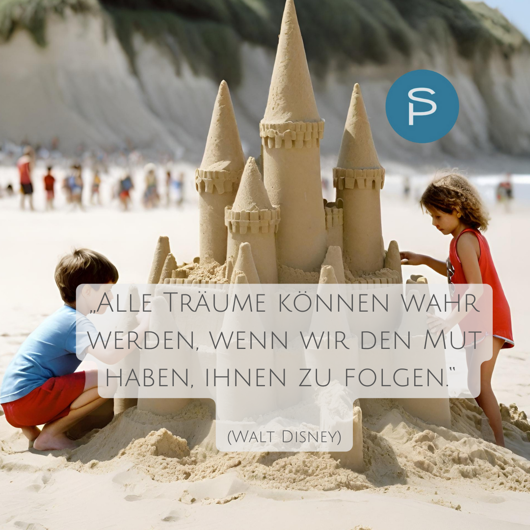 KI Bild. Kleine Kinder bauen eine große Sandburg an einem Strand
