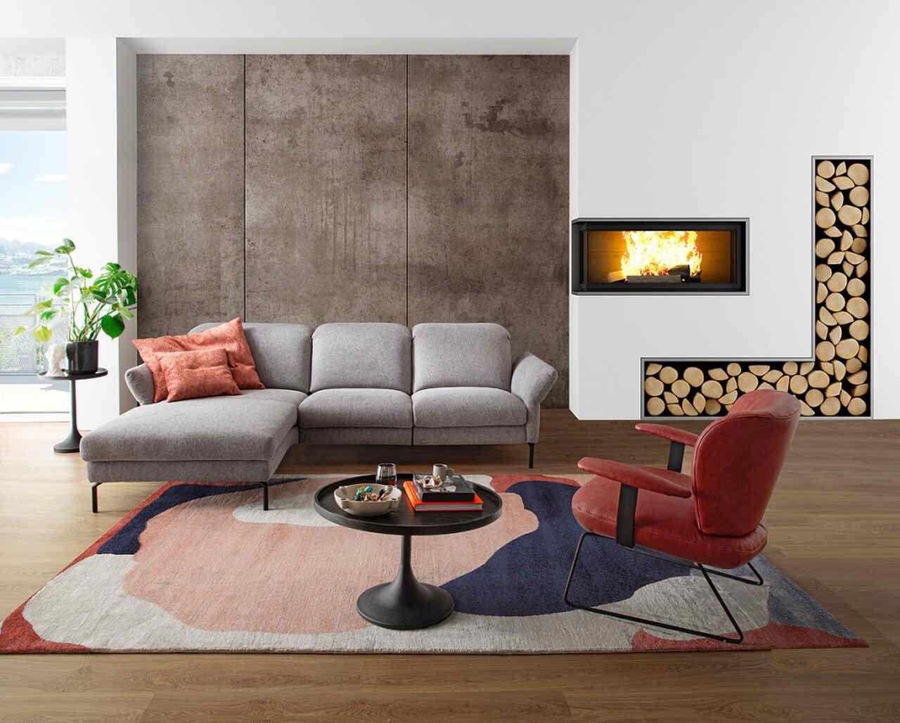 Benson-Longchairgruppe-in-Stoff-mit+loungesessel+benni modern und zeitlos in grau und schwarzem Mtellfuß