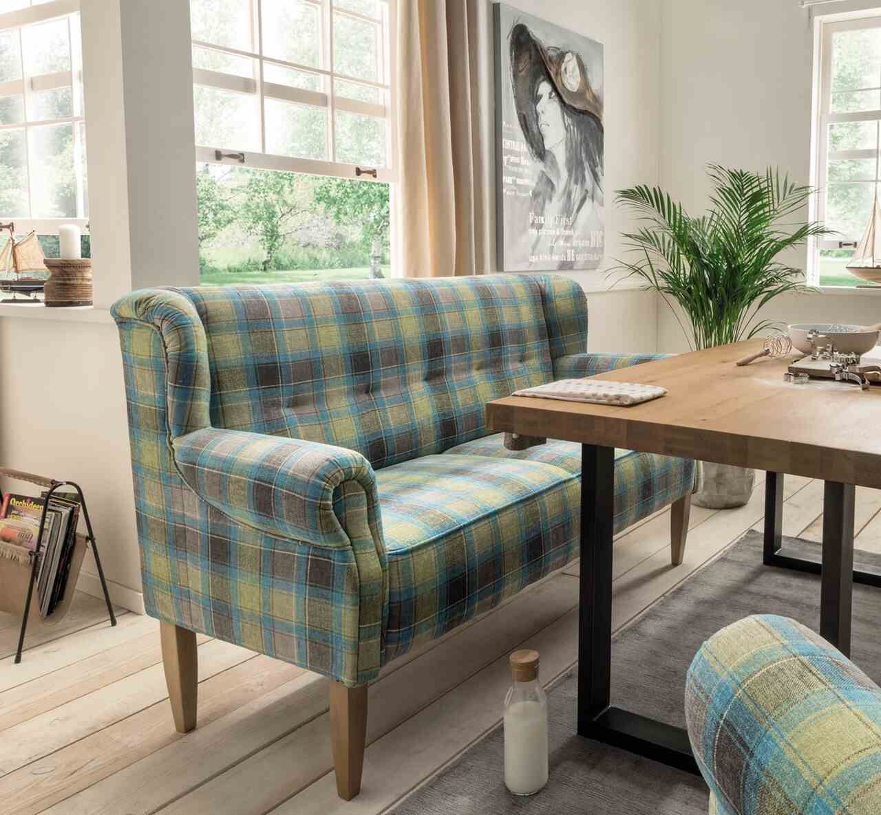 küchensofa grün blau kariert im landhausstil mit gerundeten Armlehnen