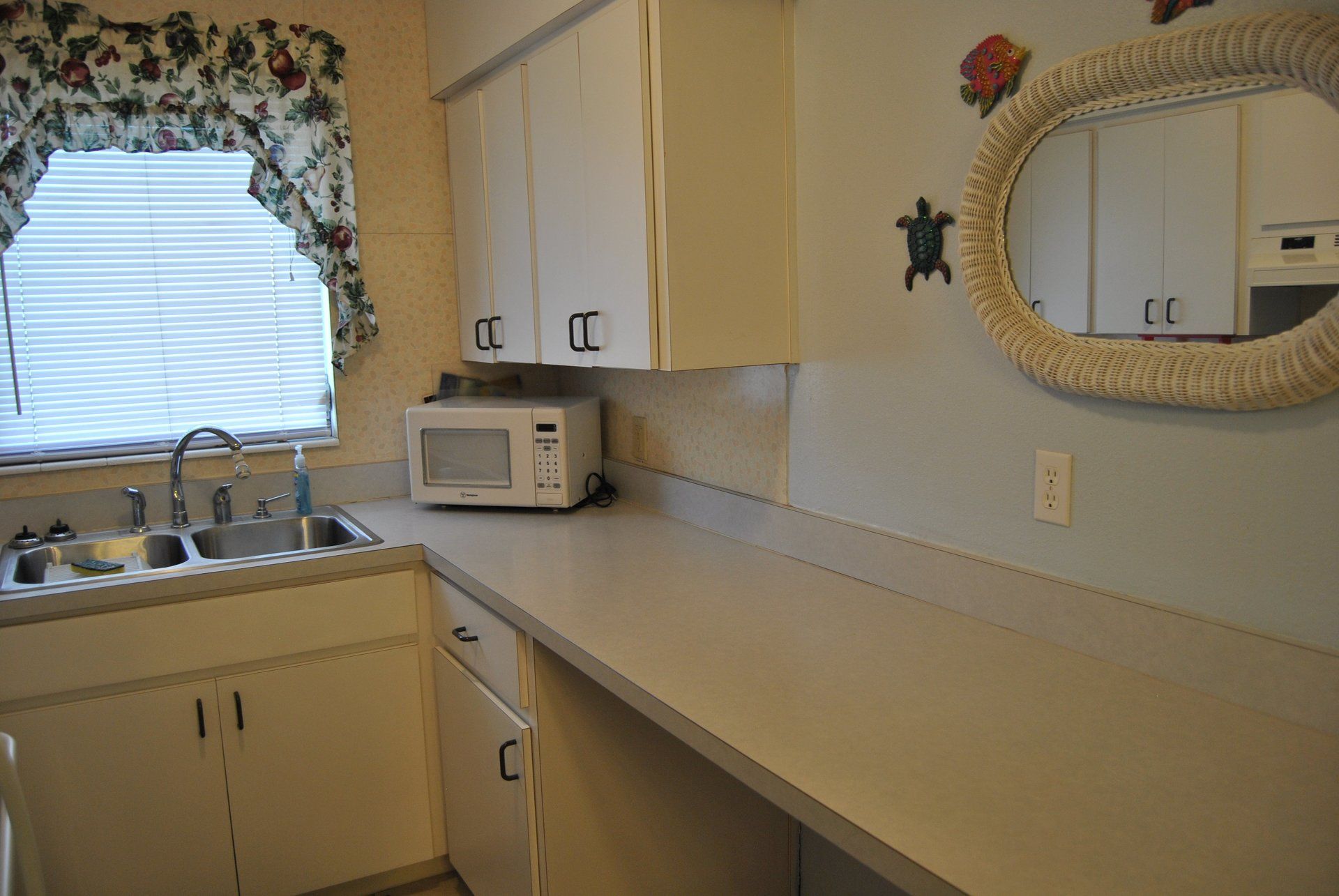 Kitchen with sink, counter, mirror and microwave