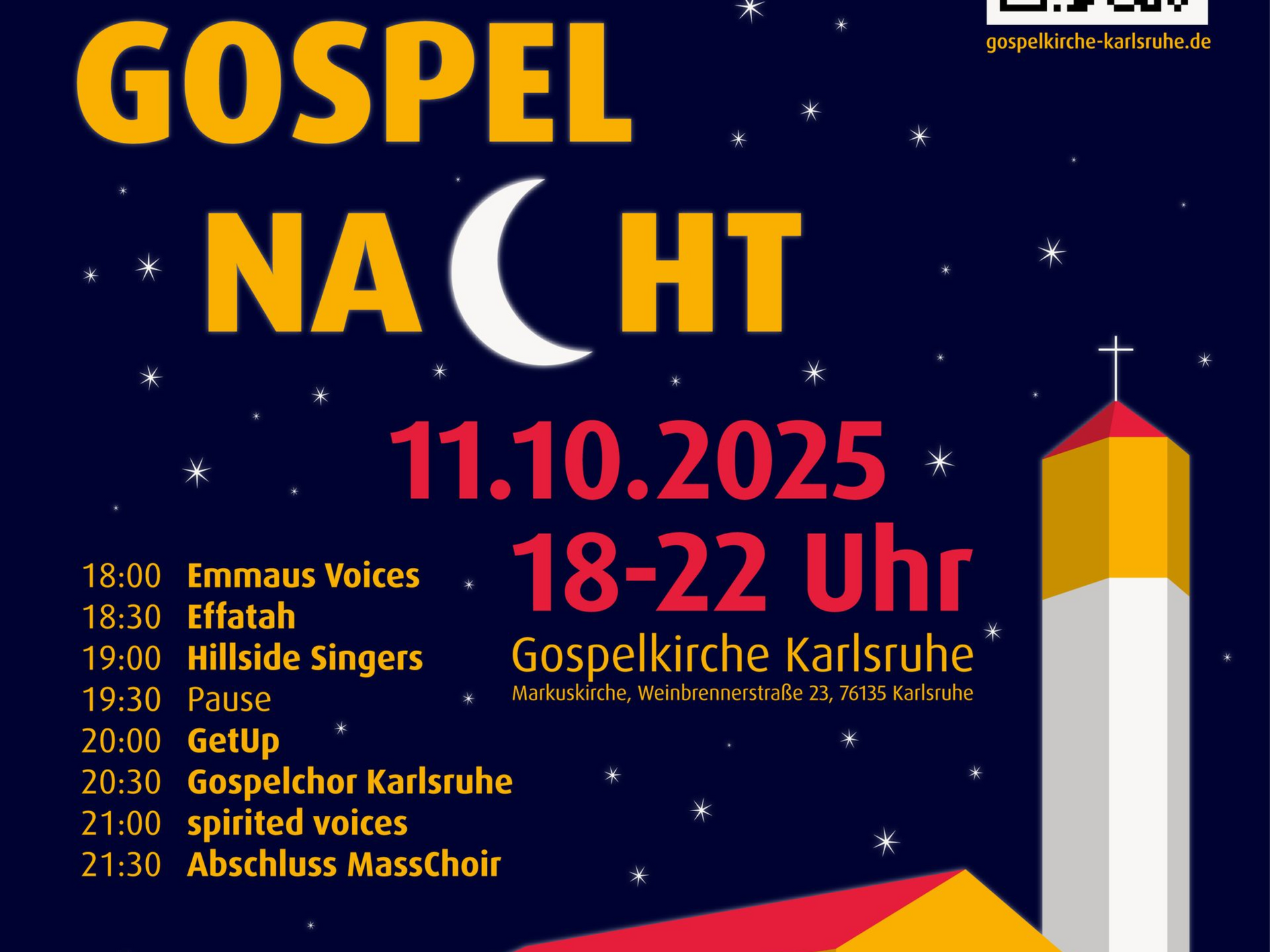 Karlsruher Gospelnacht am 11.10. von 18-22 Uhr in der Markuskirche